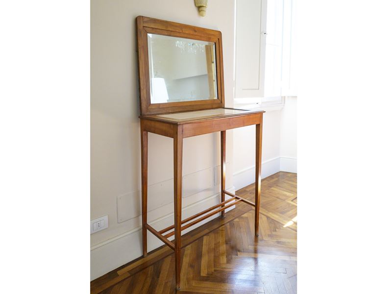 Consolle in legno tenero con piano incassato in marmo e specchio