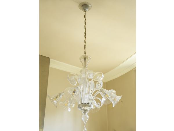Colorless blown glass chandelier, Murano