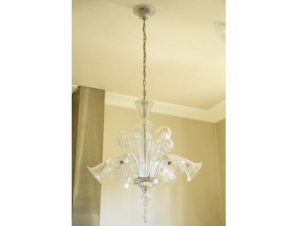 Colorless blown glass chandelier, Murano