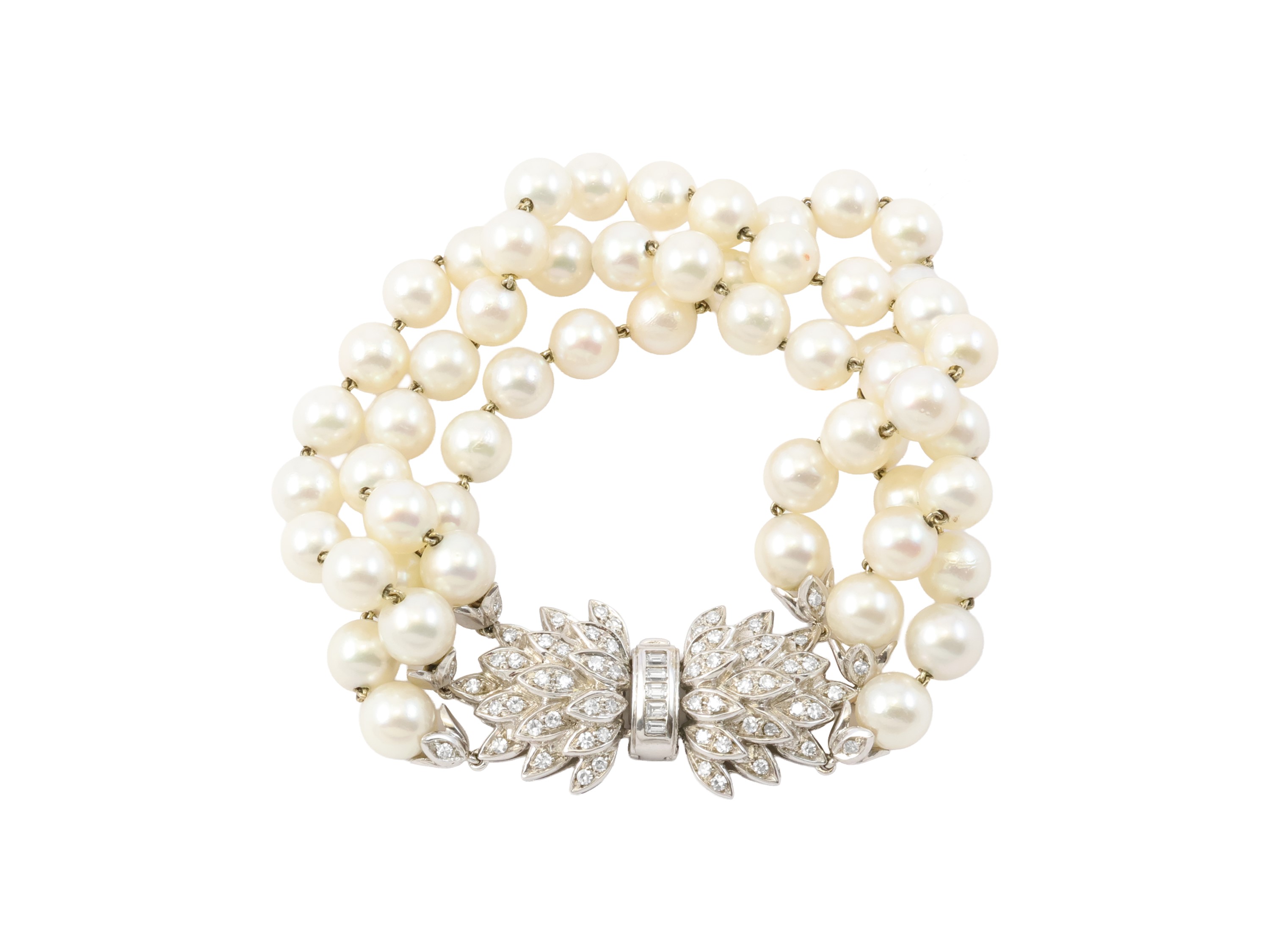 Bracciale a Tre Fili Perle Akoya, Oro Bianco 18kt e Diamanti