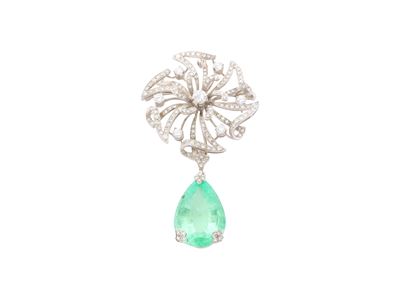 Spilla Pendente in Oro Bianco 18kt, Diamanti e Smeraldo Colombiano con Certificato Gia