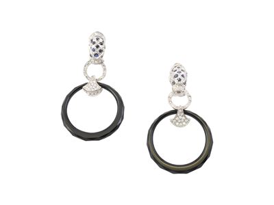 Paio di Orecchini in Oro Bianco 18kt, Onice e Diamanti