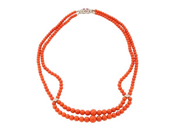 A 18Kt white gold, red Mediterranean coral and diamonds necklace