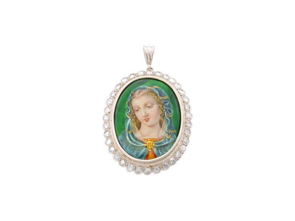 Pendente in oro bianco 18Kt, smalto e rose di diamante