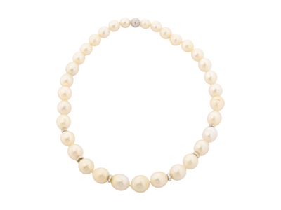 Collana Ad un Filo di Perle Australiane Color Crema, Oro Bianco 18kt e Diamanti