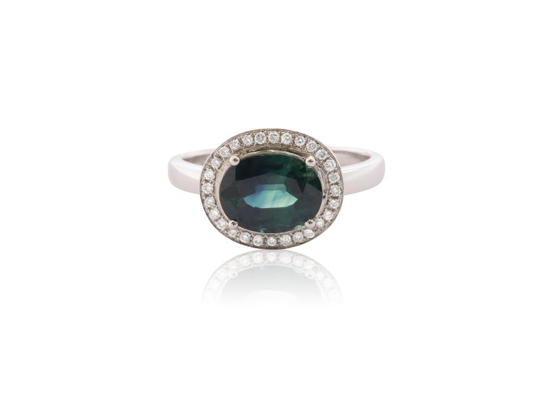 Anello in Oro Bianco 18kt, Diamanti e Zaffiro