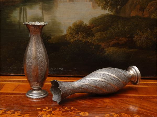 Two silver flower vases