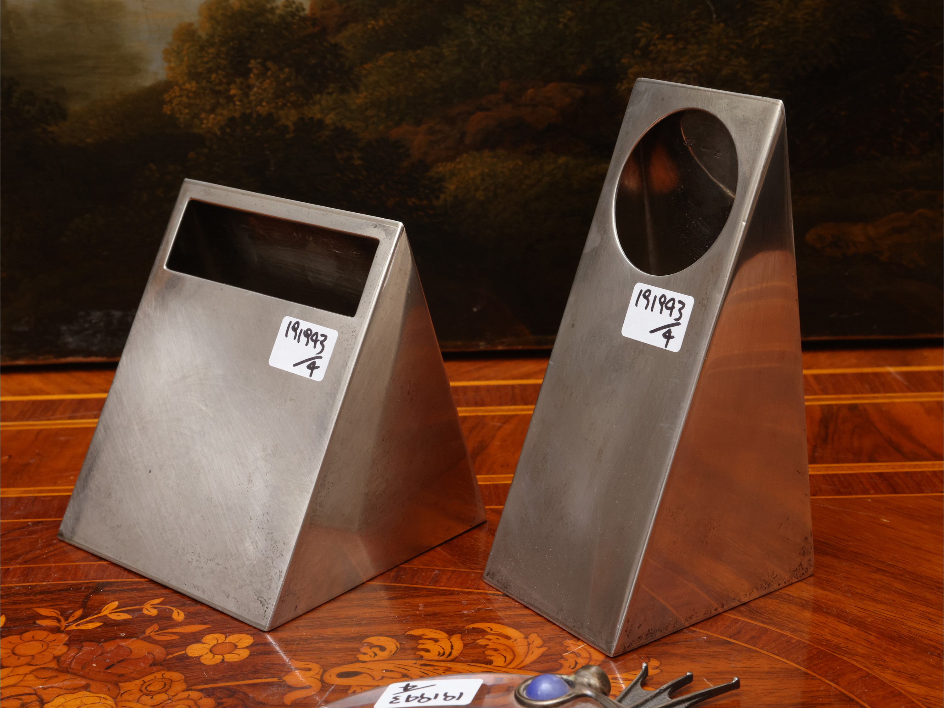Portapenne e portalettere in argento 925 con accessori per scrivania, due lenti di ingrandimento ...