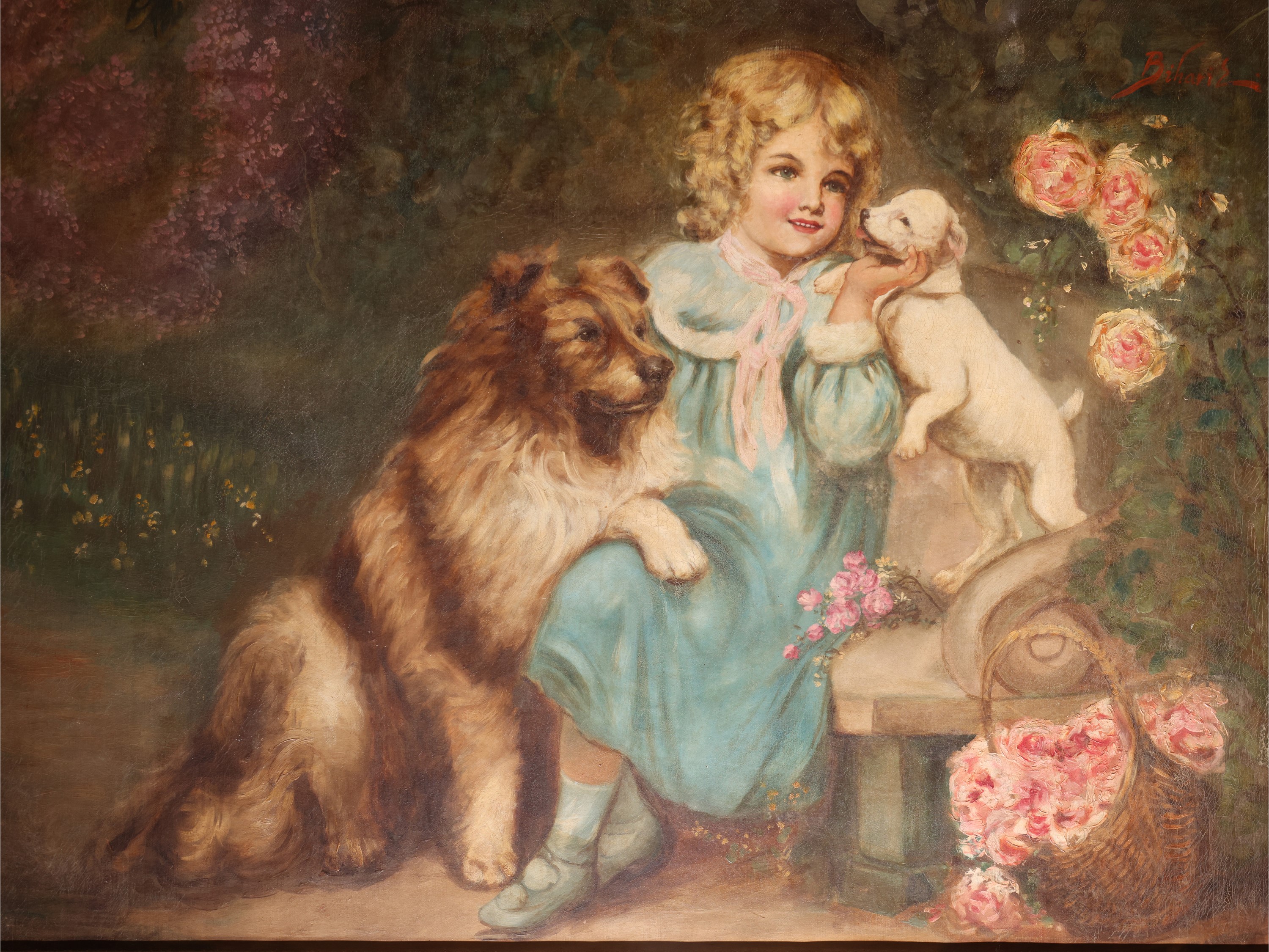 Emma Bihari - Ritratto di fanciulla con cani, olio su tela