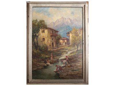 Di Martino, Paesaggio fluviale con lavandaie, olio su tela