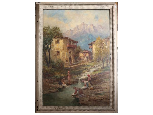 River landscape with washerwomen  (20th century)  - Auction Déballage. Deals at Auction - Maison Bibelot - Casa d'Aste Firenze - Milano