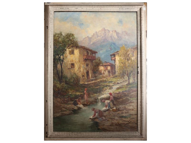 Di Martino, Paesaggio fluviale con lavandaie, olio su tela