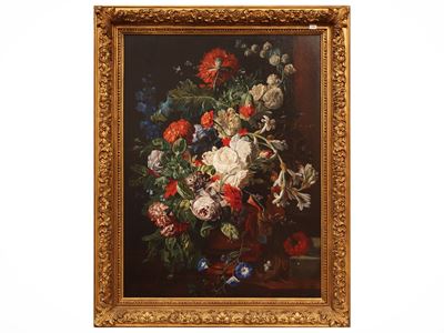 Jan van Huysum, Natura morta con fiori, olio su faesite siglato JVB