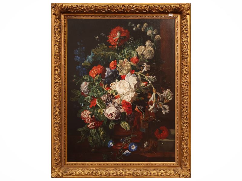 Jan van Huysum, Natura morta con fiori, olio su faesite siglato JVB