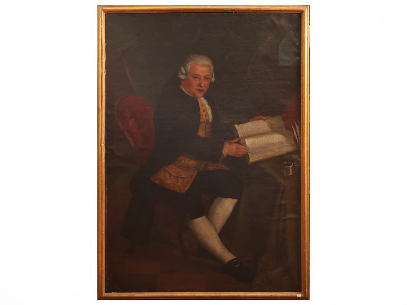 Scuola Toscana del XVIII Secolo - Ritratto di gentiluomo assiso nel suo studio, olio su tela