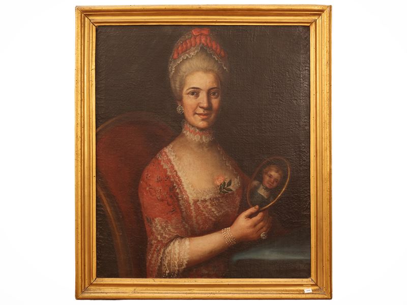 Scuola Veneta del XVIII Secolo - Ritratto di gentildonna con presentazione della miniatura del fi...
