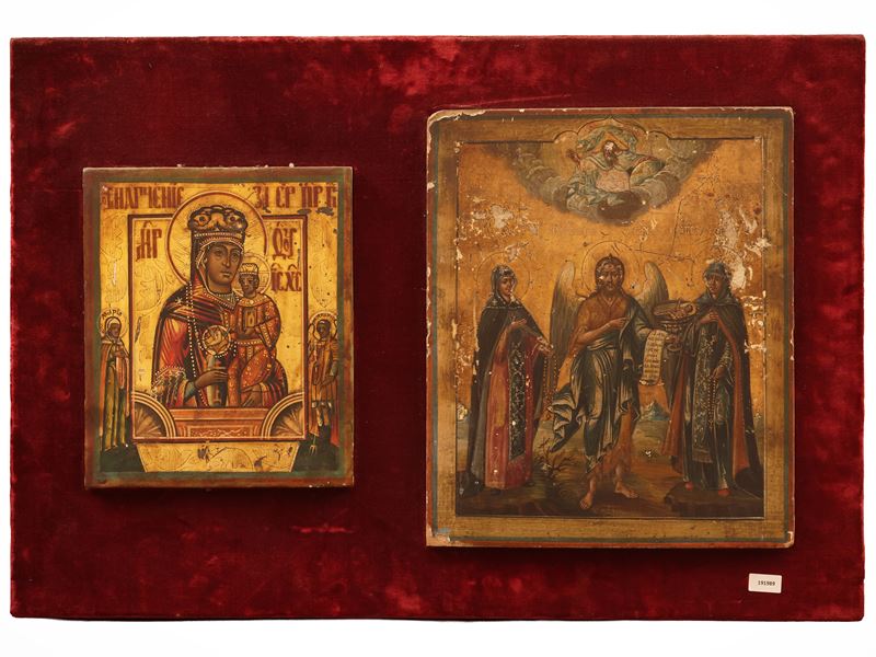 Scuola Russa del XIX Secolo - Madonna dei Peccatori e San Giovanni Angelo del deserto con due san...