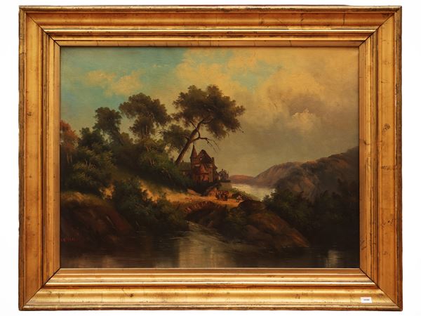 Scuola Francese del XIX/XX secolo : Paesaggio fluviale con veduta di borgo  - Asta Dimore fiorentine - Maison Bibelot - Casa d'Aste Firenze - Milano