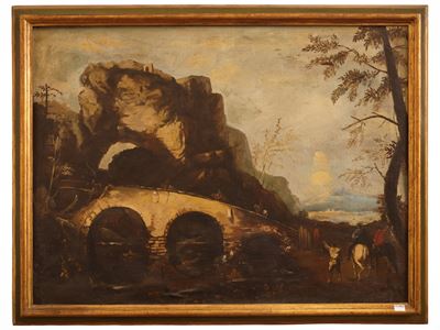 Seguace di Salvator Rosa, Paesaggio con ponte fatiscente, olio su tela