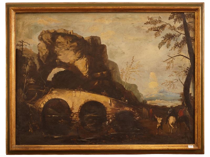 Seguace di Salvator Rosa, XVIII Secolo - Seguace di Salvator Rosa, Paesaggio con ponte fatiscente...