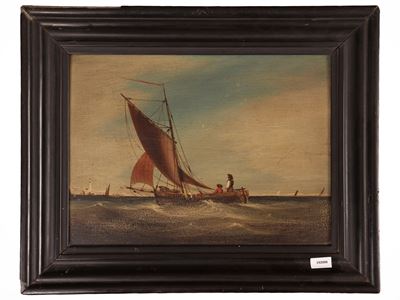 Marina con barca da pesca, olio su tavoletta in cornice