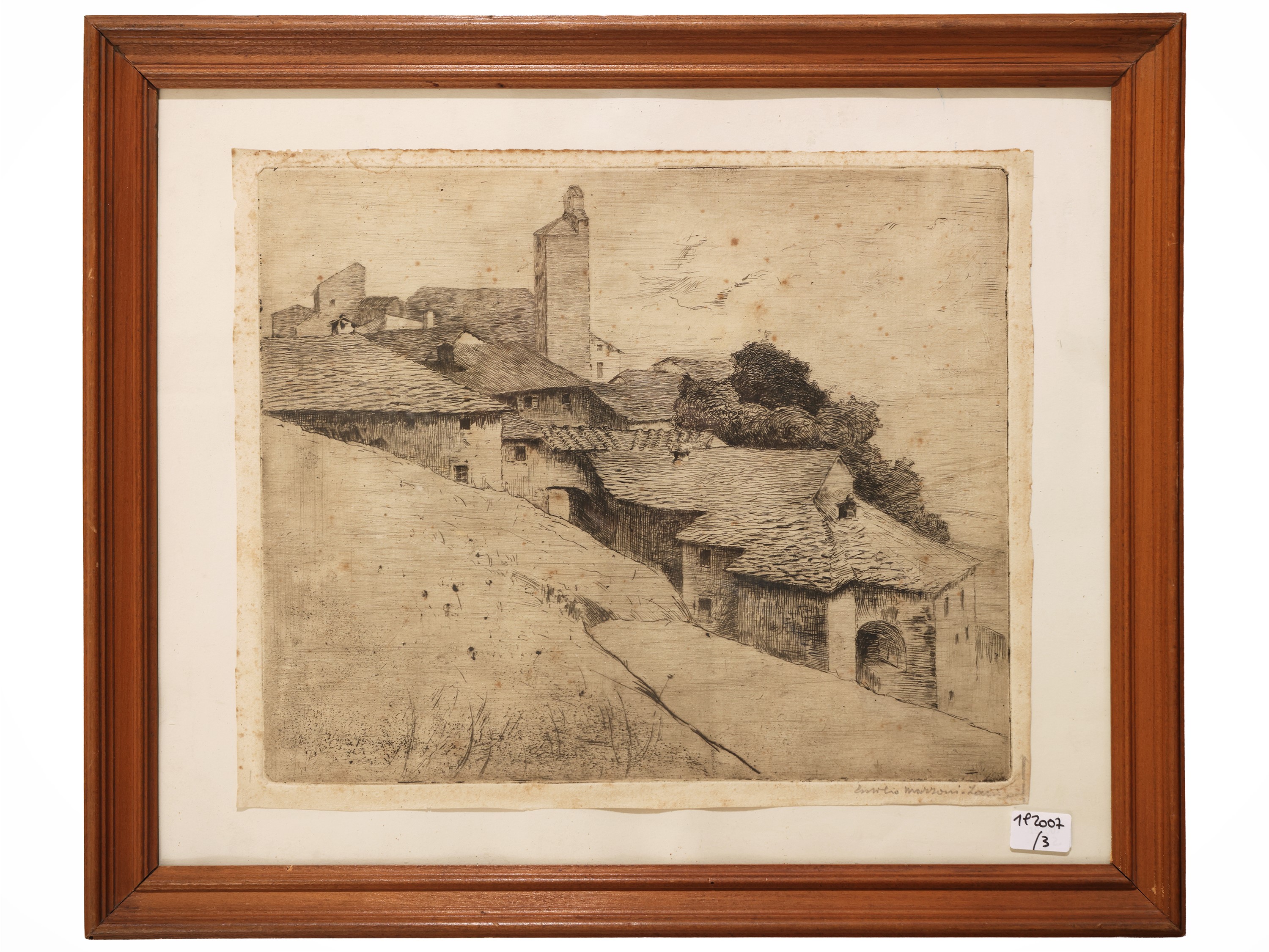 Emilio Mazzoni Zarini, Marina toscana e scorcio di paese – due acquaforti firmate, in cornice