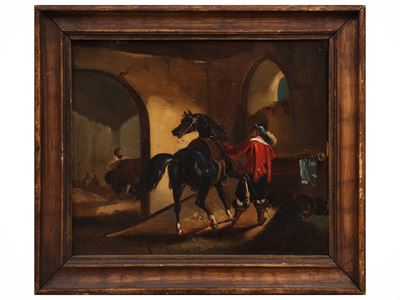 Interno di stalla con cavaliere e cavallo, olio su rame