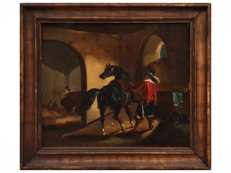 Interno di stalla con cavaliere e cavallo, olio su rame