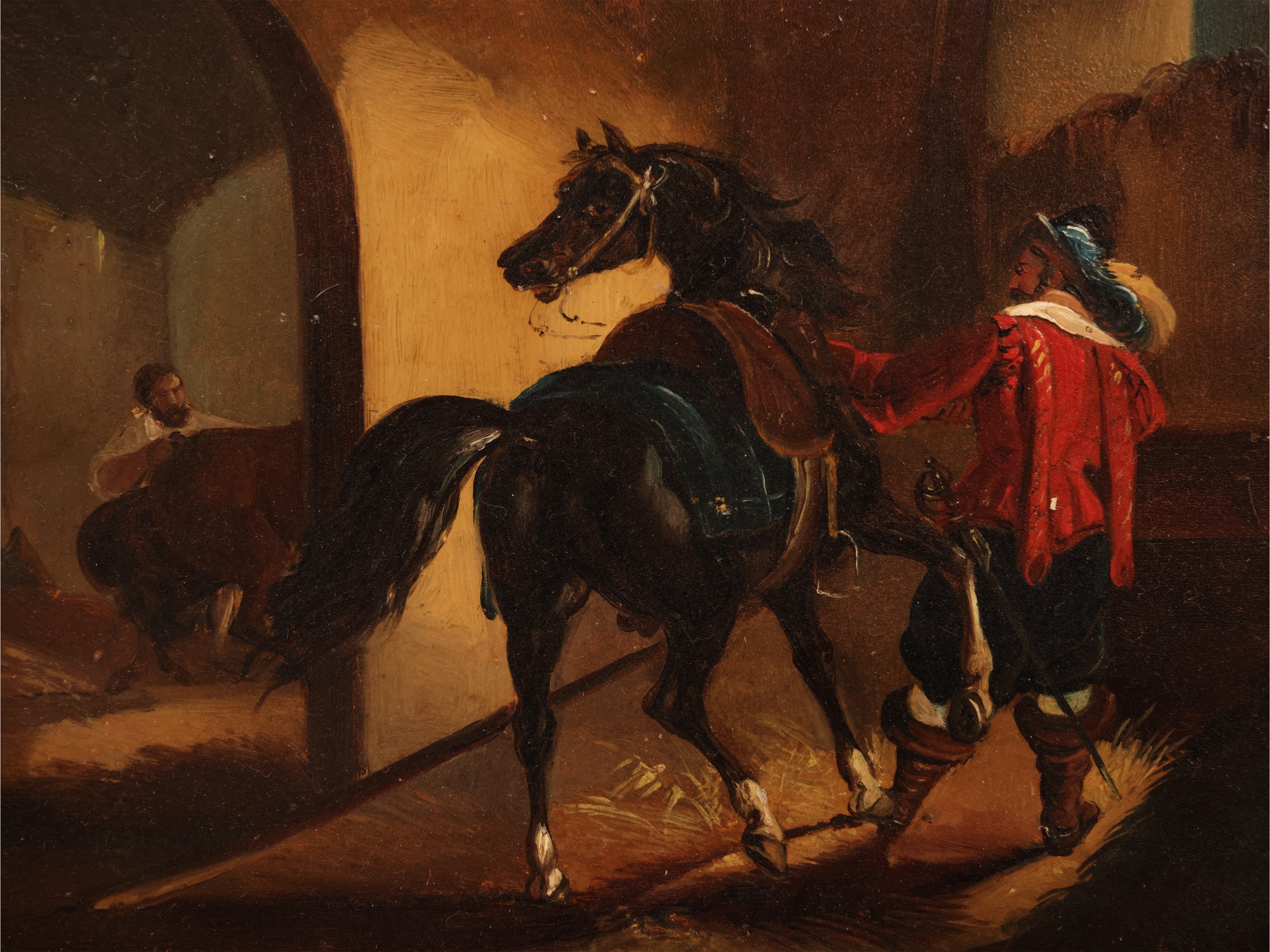 Interno di stalla con cavaliere e cavallo, olio su rame