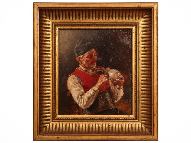 Eduard Merk - Coppia di contadini, dipinti a olio su tavoletta