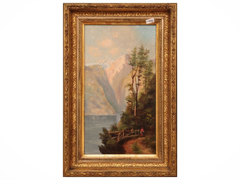 Scuola Nord-europea del XIX/XX Secolo - Le cascate del Reno (1886) - paesaggio montano con lago