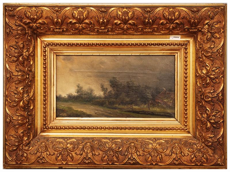 Scuola Nord-europea del XIX/XX Secolo - Pesaggio campestre, olio su tela in cornice