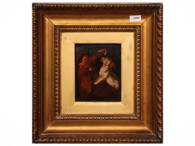 Ragazzo con cane, olio su tavoletta in cornice