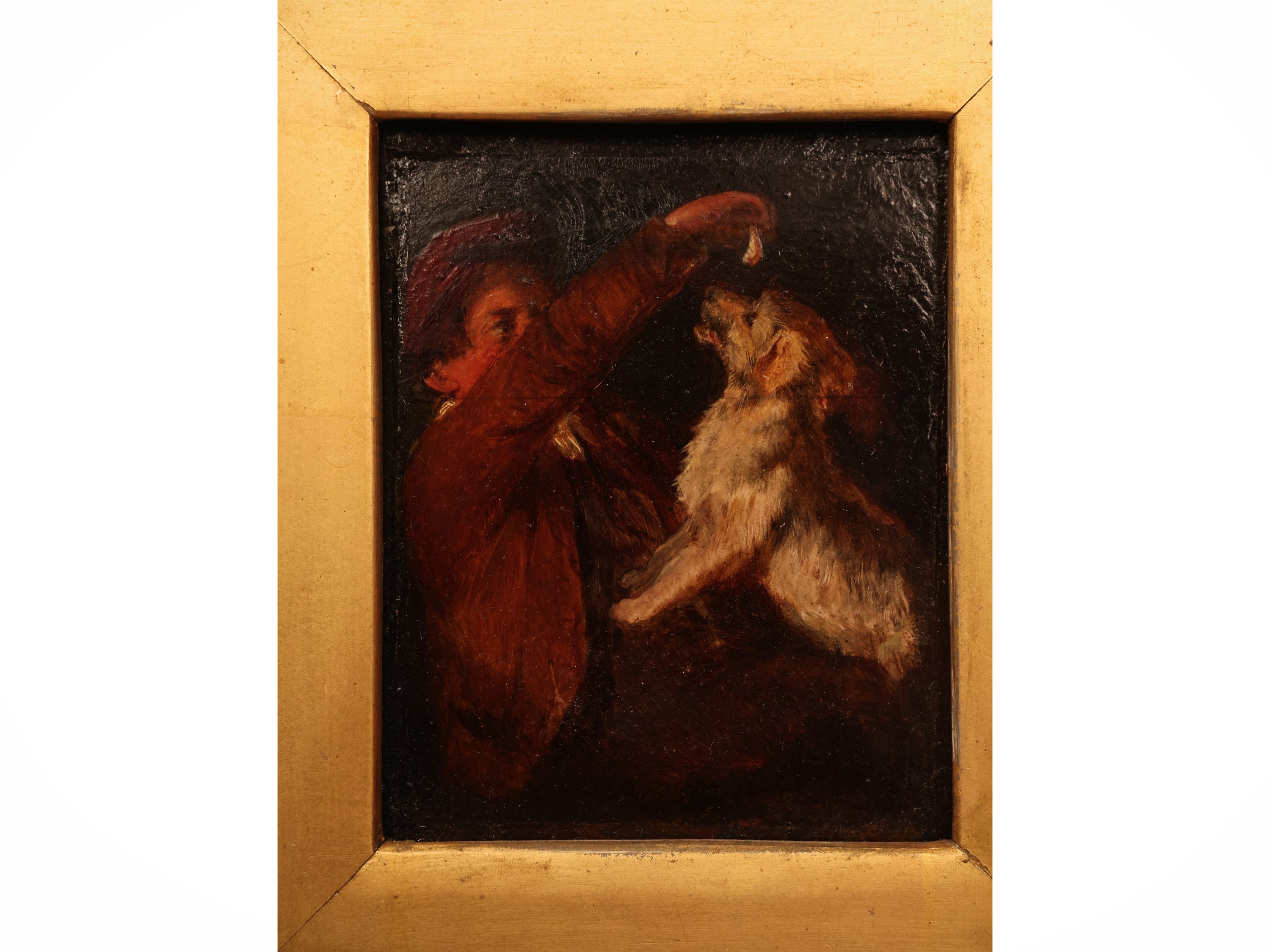 Ragazzo con cane, olio su tavoletta in cornice