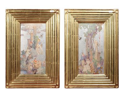 Scena allegorica, Figure in un parco (coppia di bozzetti ad olio su cartoncino in cornice)