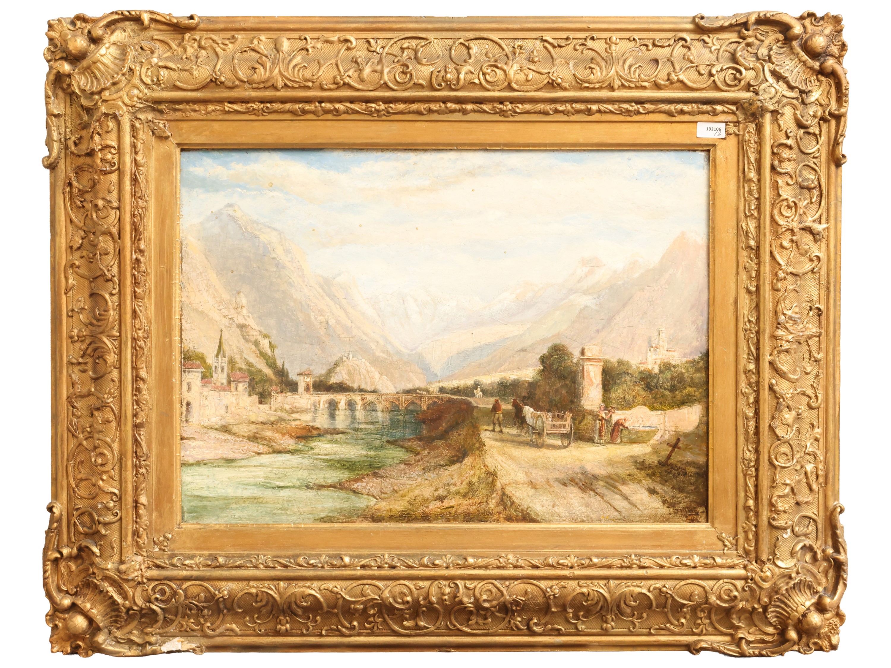 Veduta innevata di Hastings, Paesaggio montano con ponte, dipinto a olio su tela (XIX/XX secolo),...