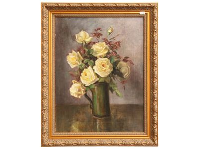 XX secolo, Nature morte con fiori, trittico di dipinti a olio su tela e cartoncino
