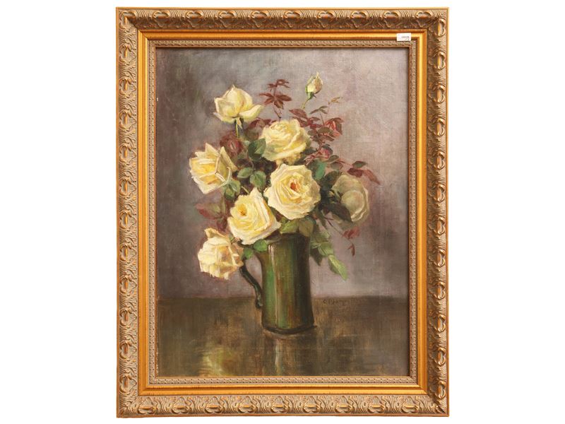 XX secolo, Nature morte con fiori, trittico di dipinti a olio su tela e cartoncino