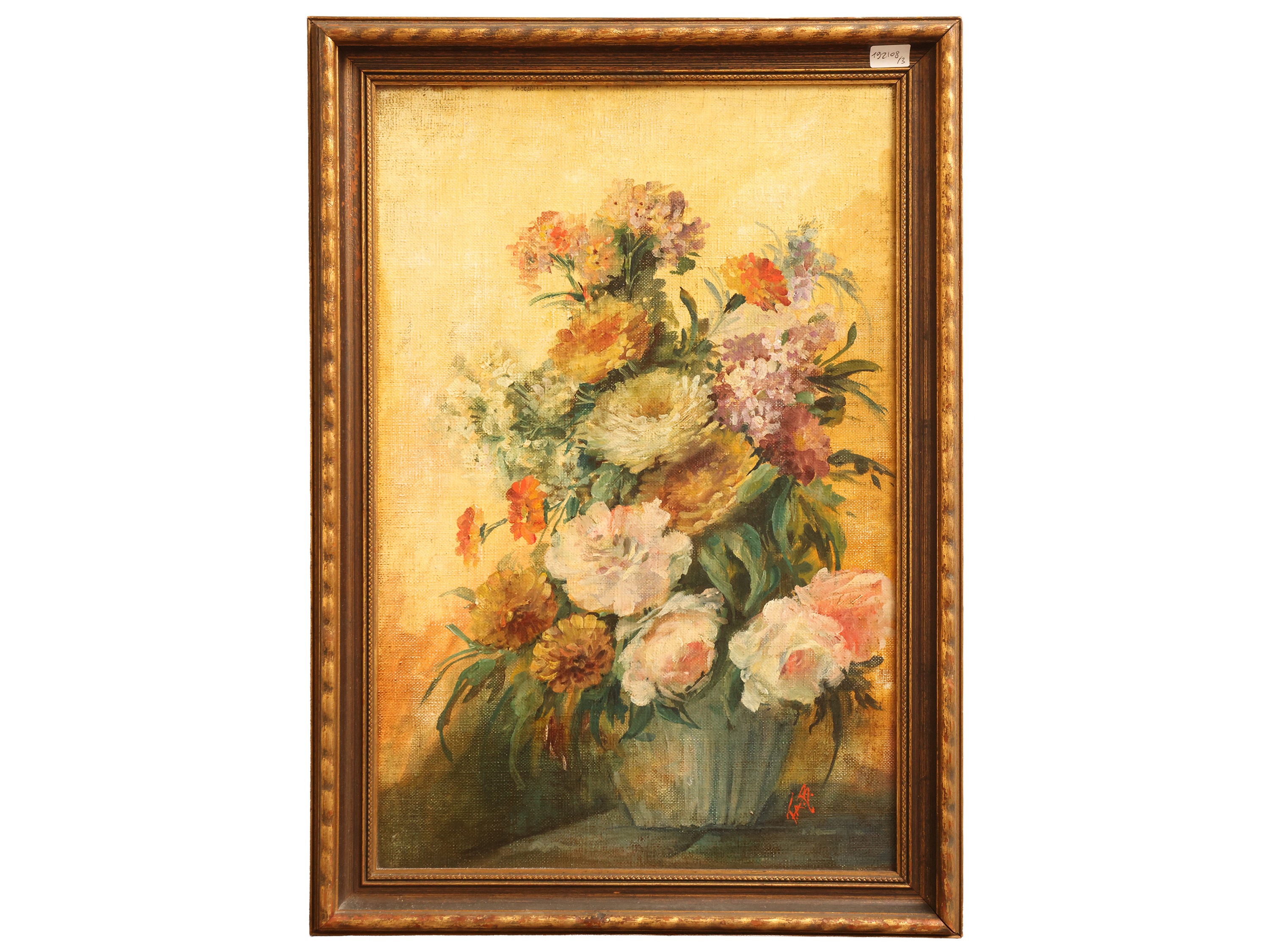 XX secolo, Nature morte con fiori, trittico di dipinti a olio su tela e cartoncino