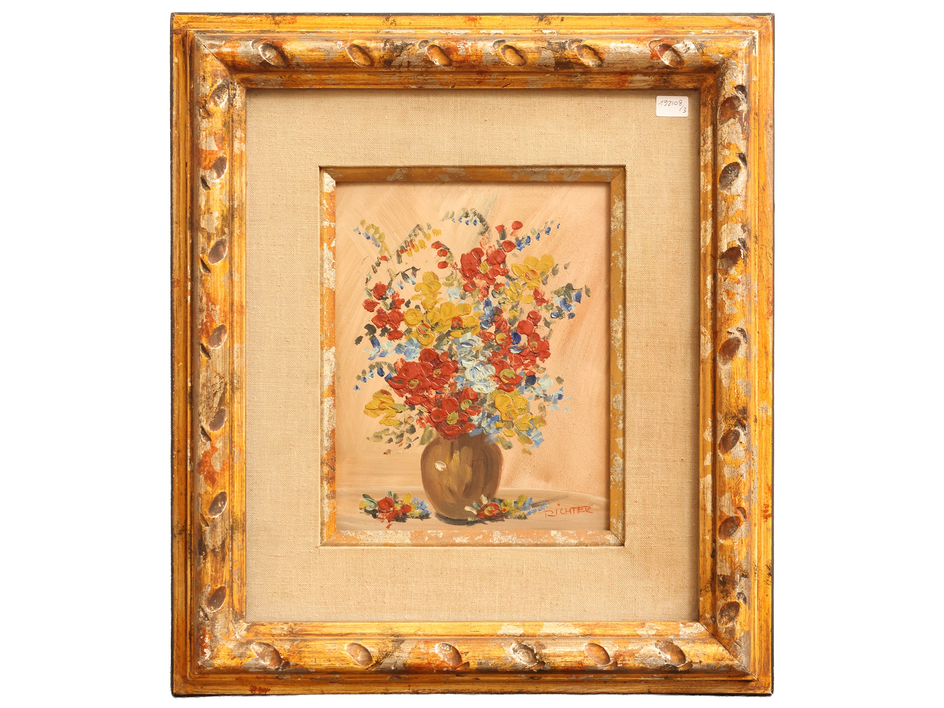 XX secolo, Nature morte con fiori, trittico di dipinti a olio su tela e cartoncino