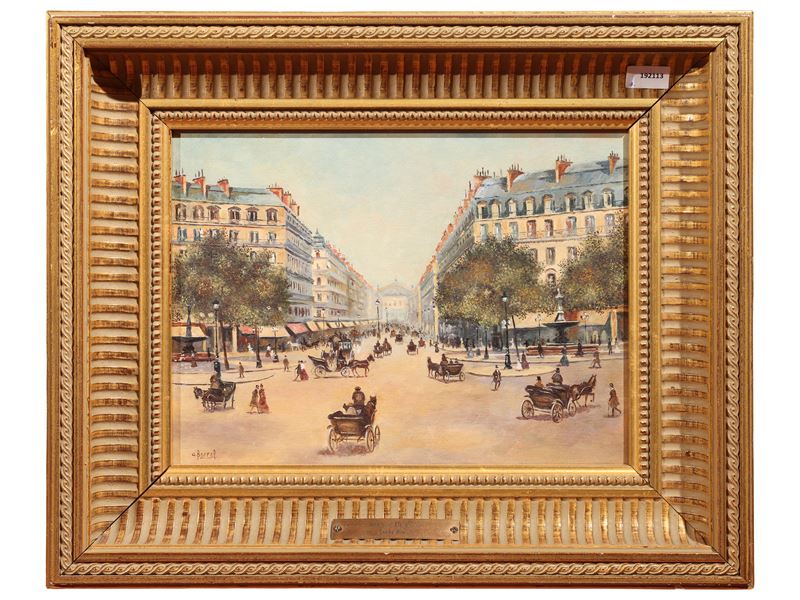 A. Borrel, Strada parigina, olio su tavoletta firmato