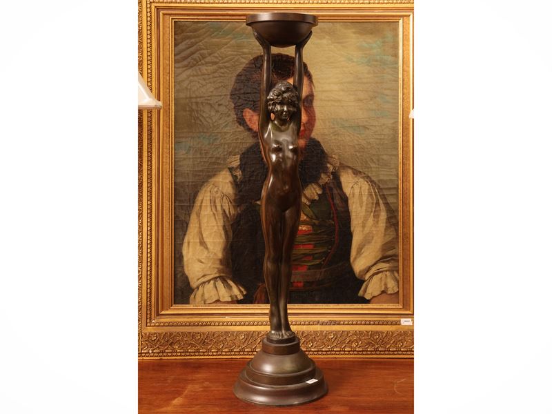 Scultura in bronzo patinato, figura di nudo femminile Art Decò, inizio XX secolo