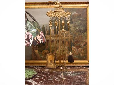 Set di attrezzi da camino, ottone, sbalzato