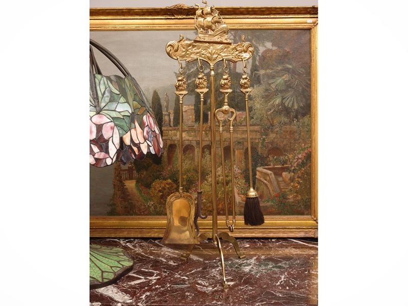 Set di attrezzi da camino, ottone, sbalzato