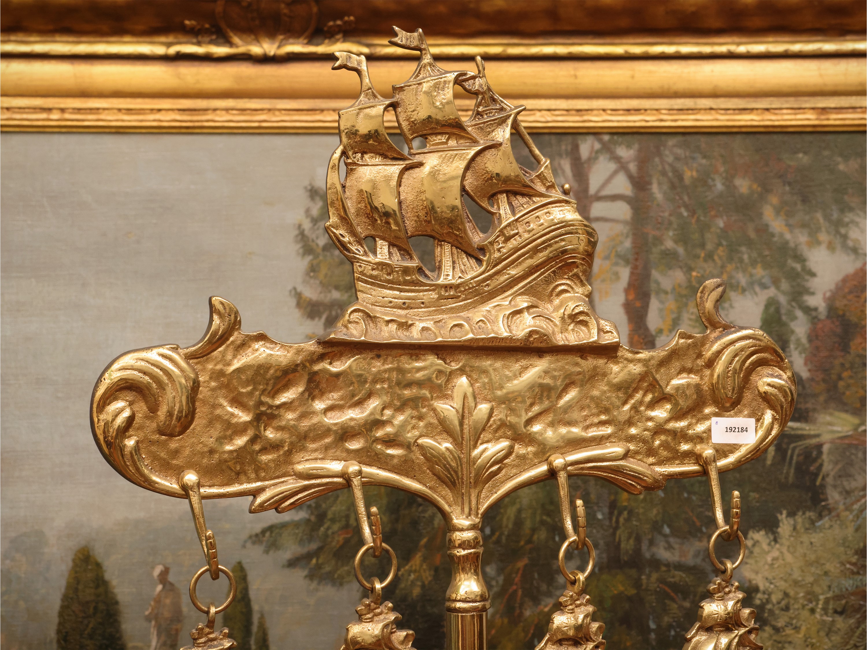 Set di attrezzi da camino, ottone, sbalzato