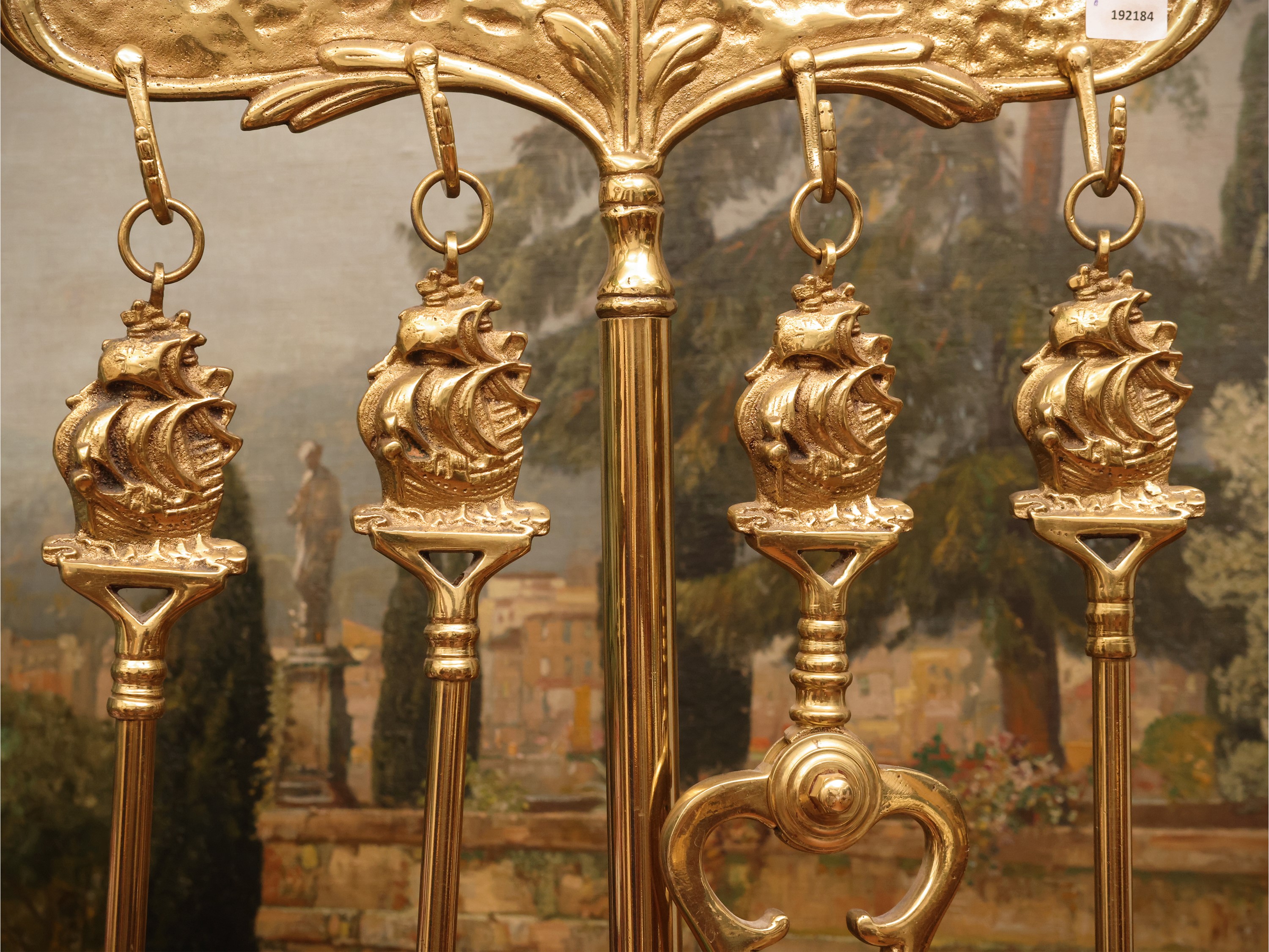 Set di attrezzi da camino, ottone, sbalzato