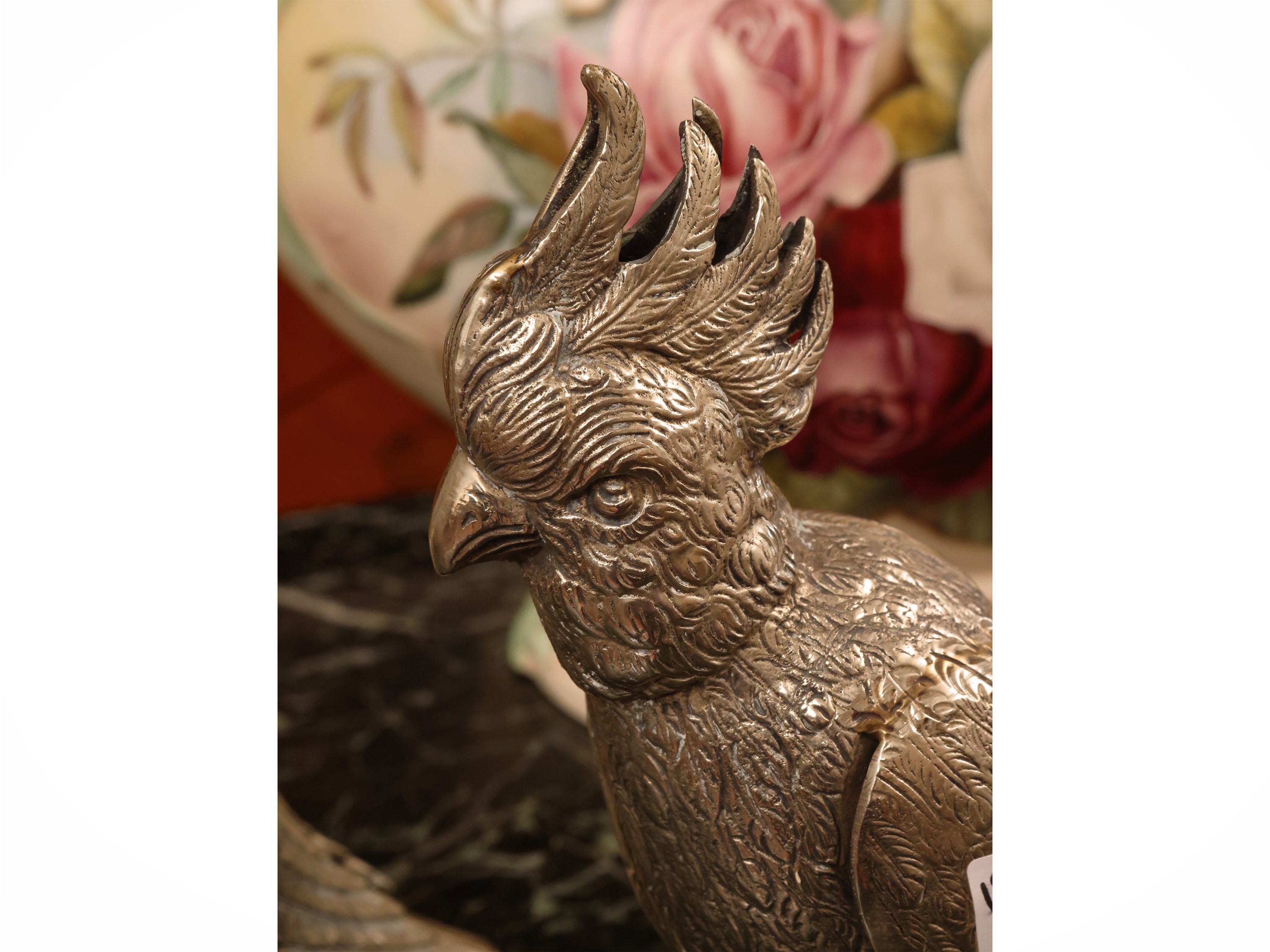 Coppia di pappagalli, metallo argentato, stile decorativo