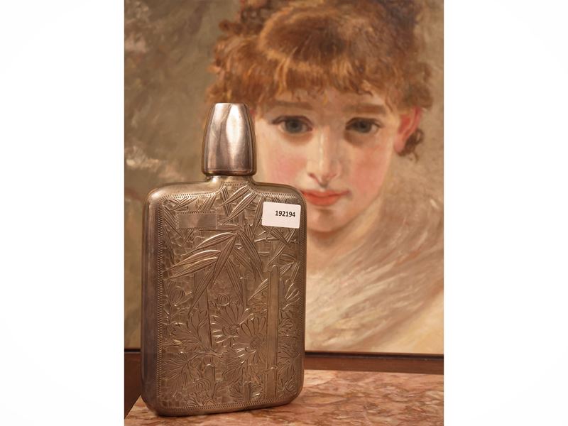 Fiaschetta da liquore in argento sterling, incisione/cesellatura a motivi floreali (probabilmente...