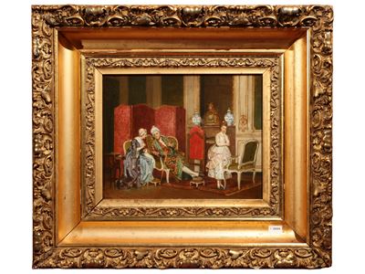 Interno di palazzo con personaggi in abiti settecenteschi, olio su tavoletta firmato