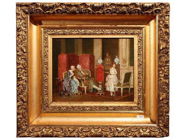 Interno di palazzo con personaggi in abiti settecenteschi